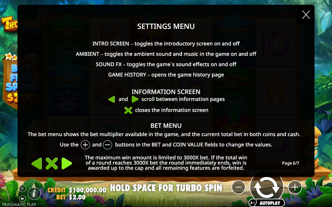 Settings menu — Tropical Tiki