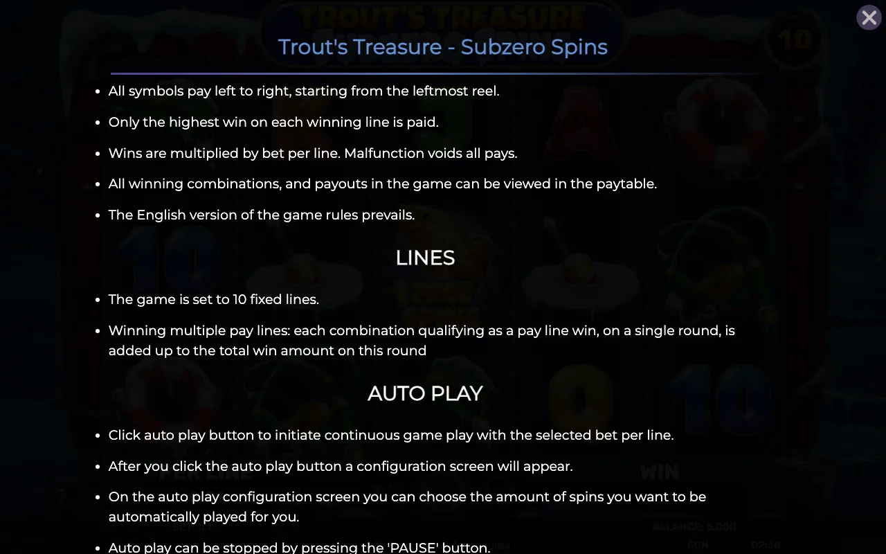 Game rules, page 7 — Trouts Treasure Subzero Spins