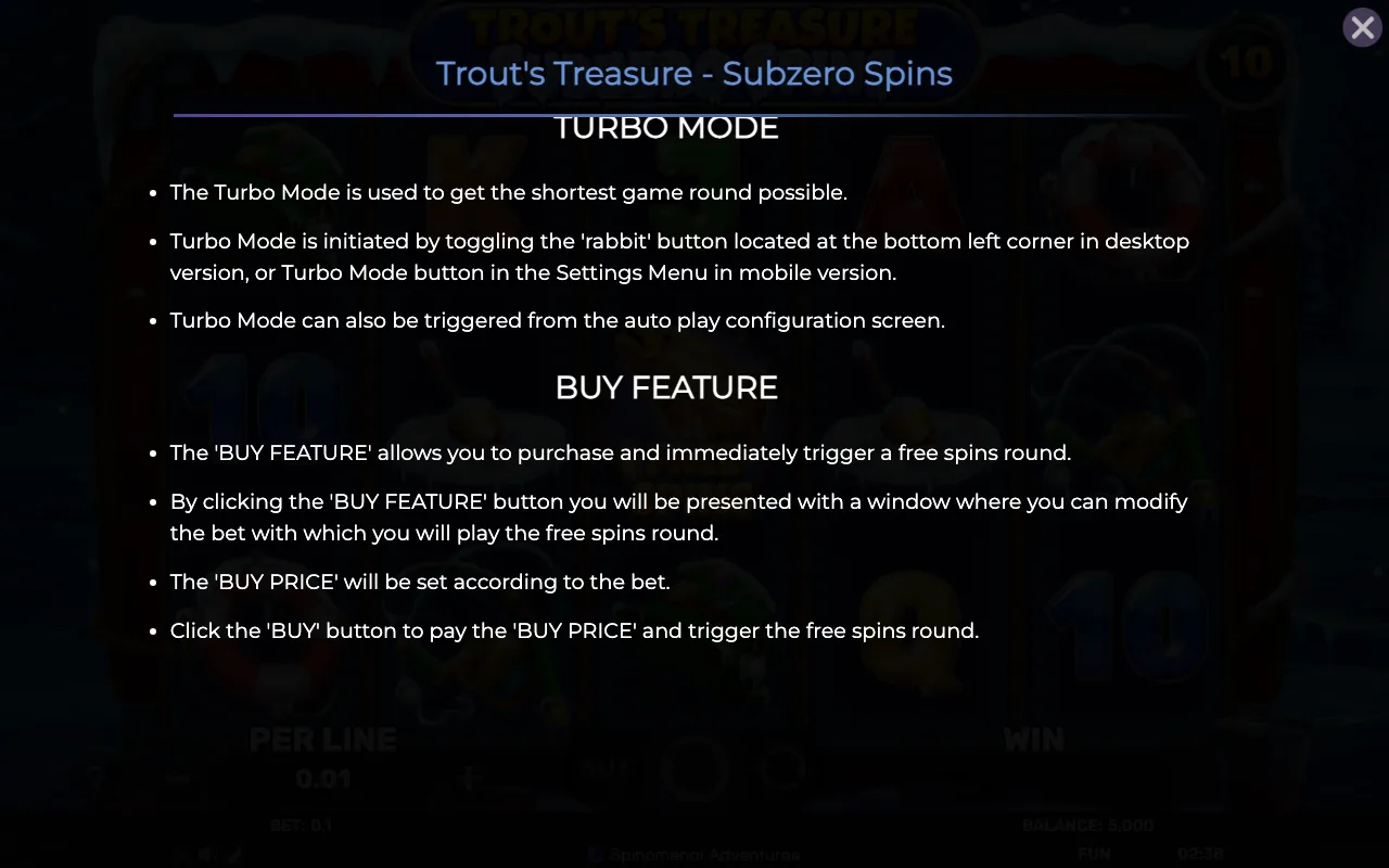 Game rules, page 8 — Trouts Treasure Subzero Spins
