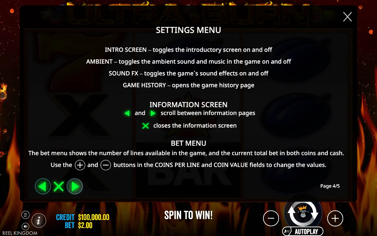 Settings menu — Ultra Burn