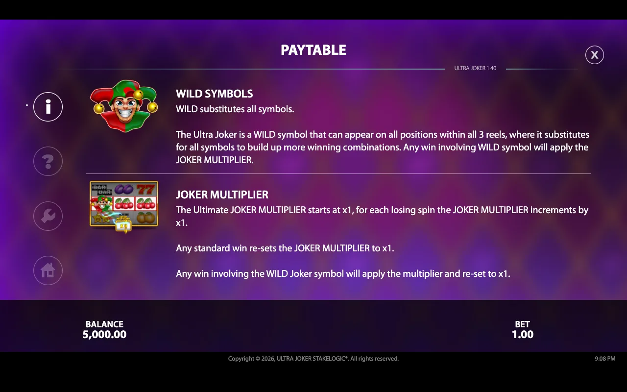 Paytable — Ultra Joker