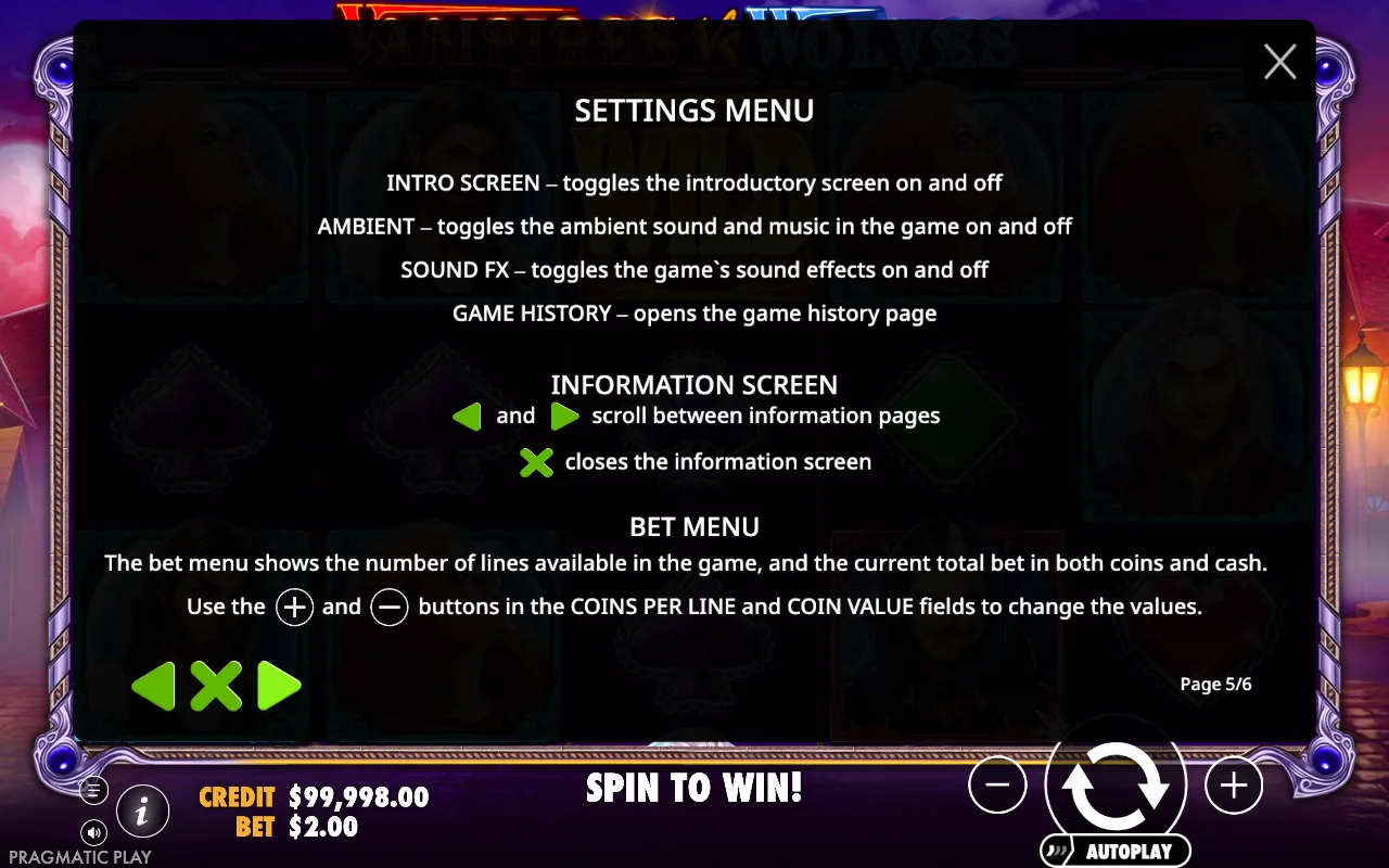 Settings menu — Vampires vs Wolves