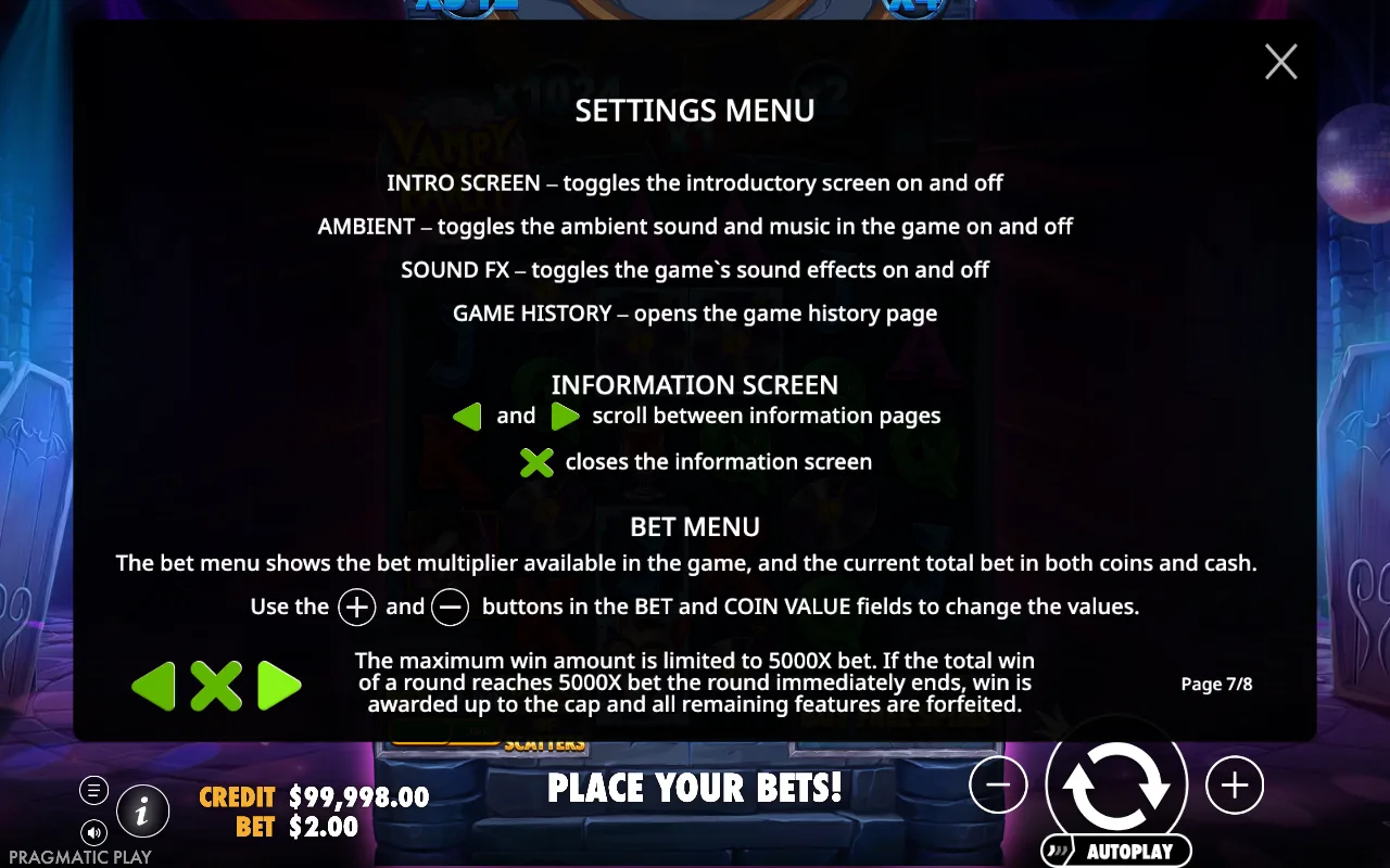 Settings menu — Vampy Party