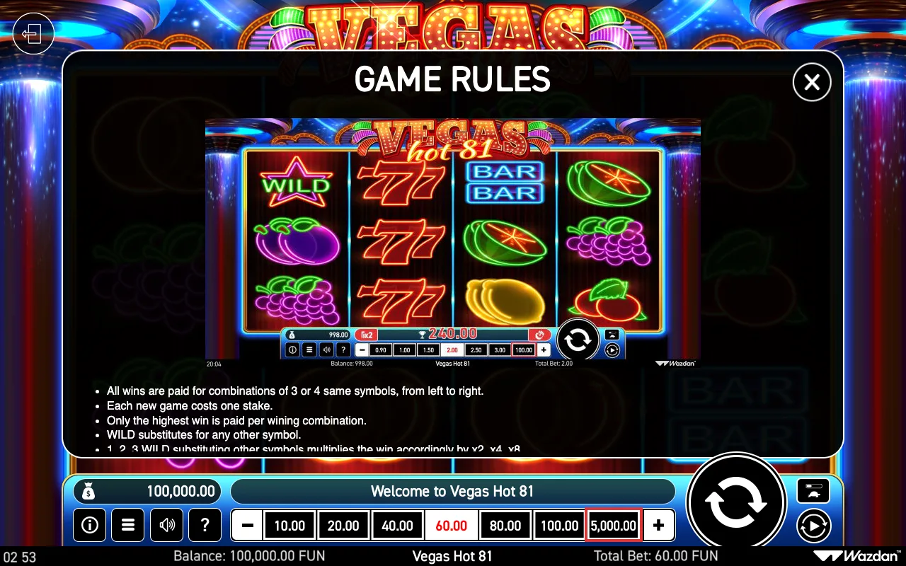 Game rules, page 2 — Vegas Hot 81