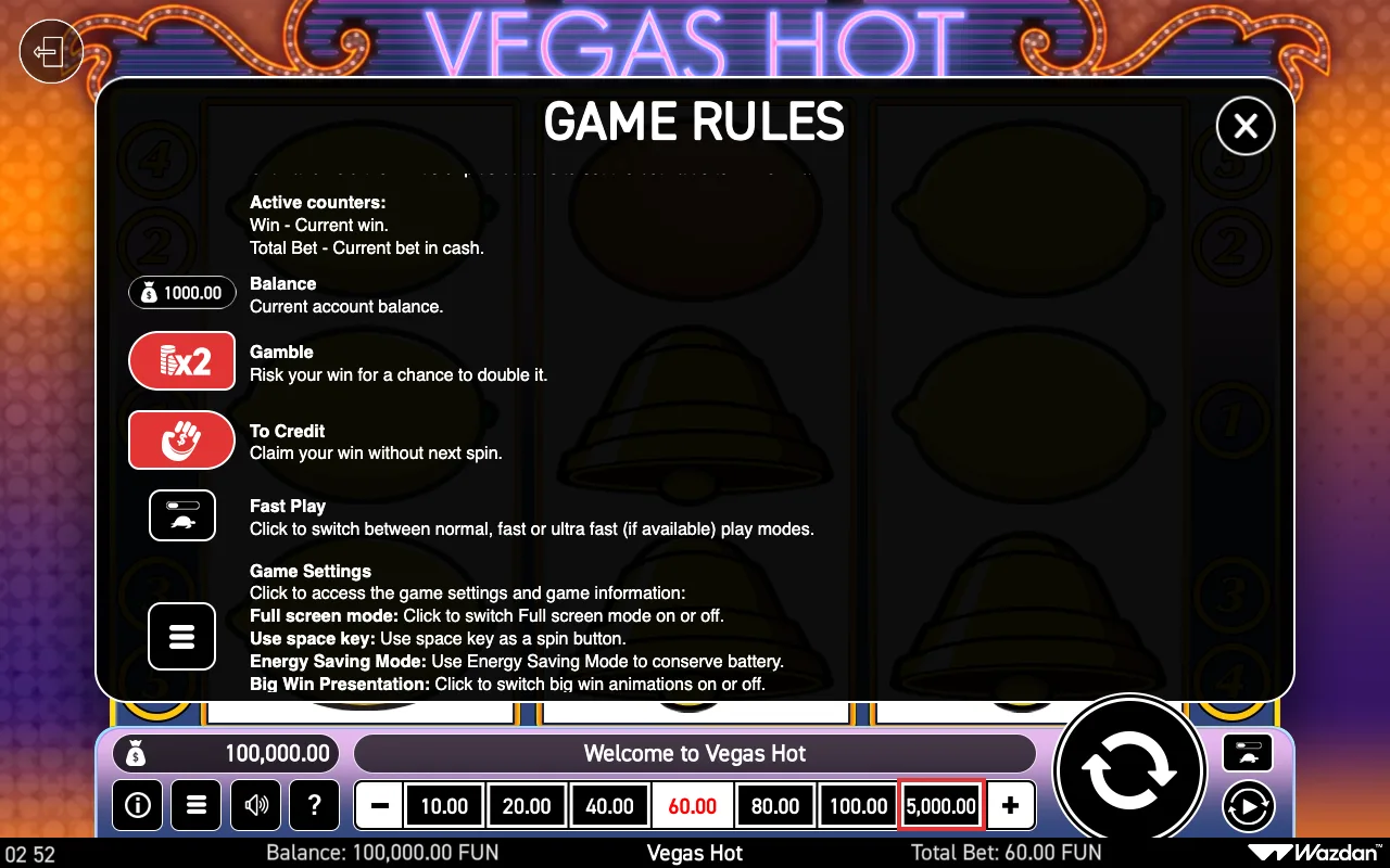 Game rules, page 5 — Vegas Hot