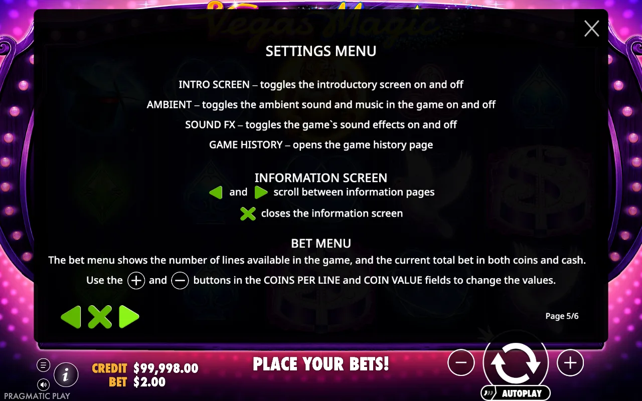Settings menu — Vegas Magic