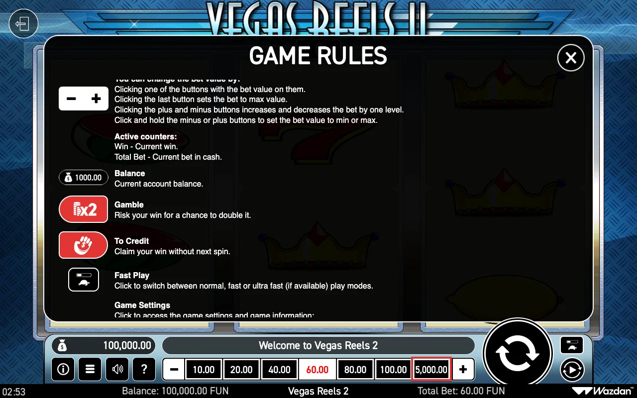 Game rules, page 5 — Vegas Reels ii