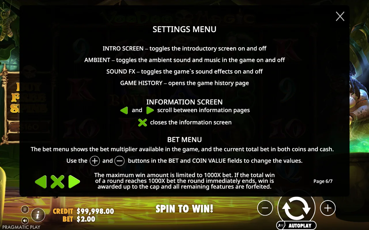 Settings menu — Voodoo Magic