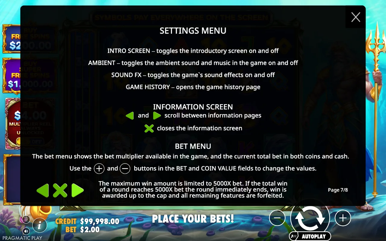 Settings menu — Waves of Poseidon