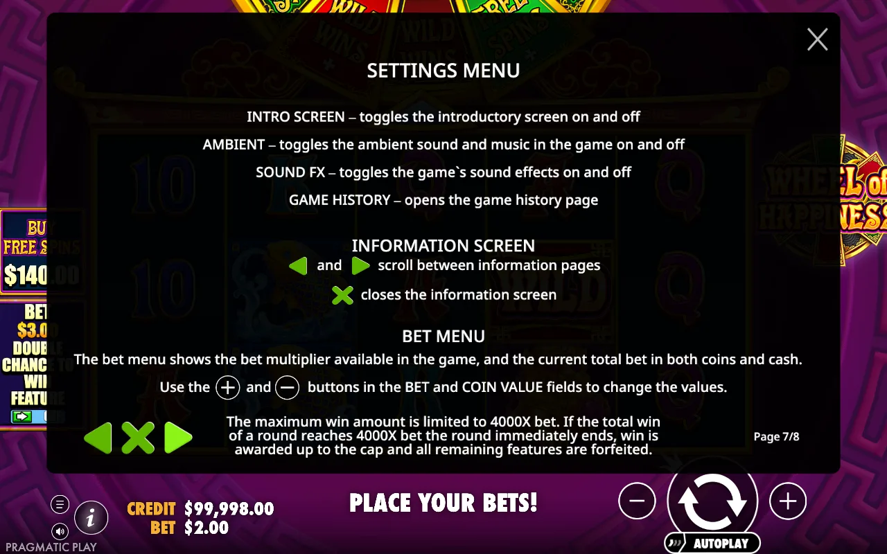 Settings menu — Wheel of Happiness