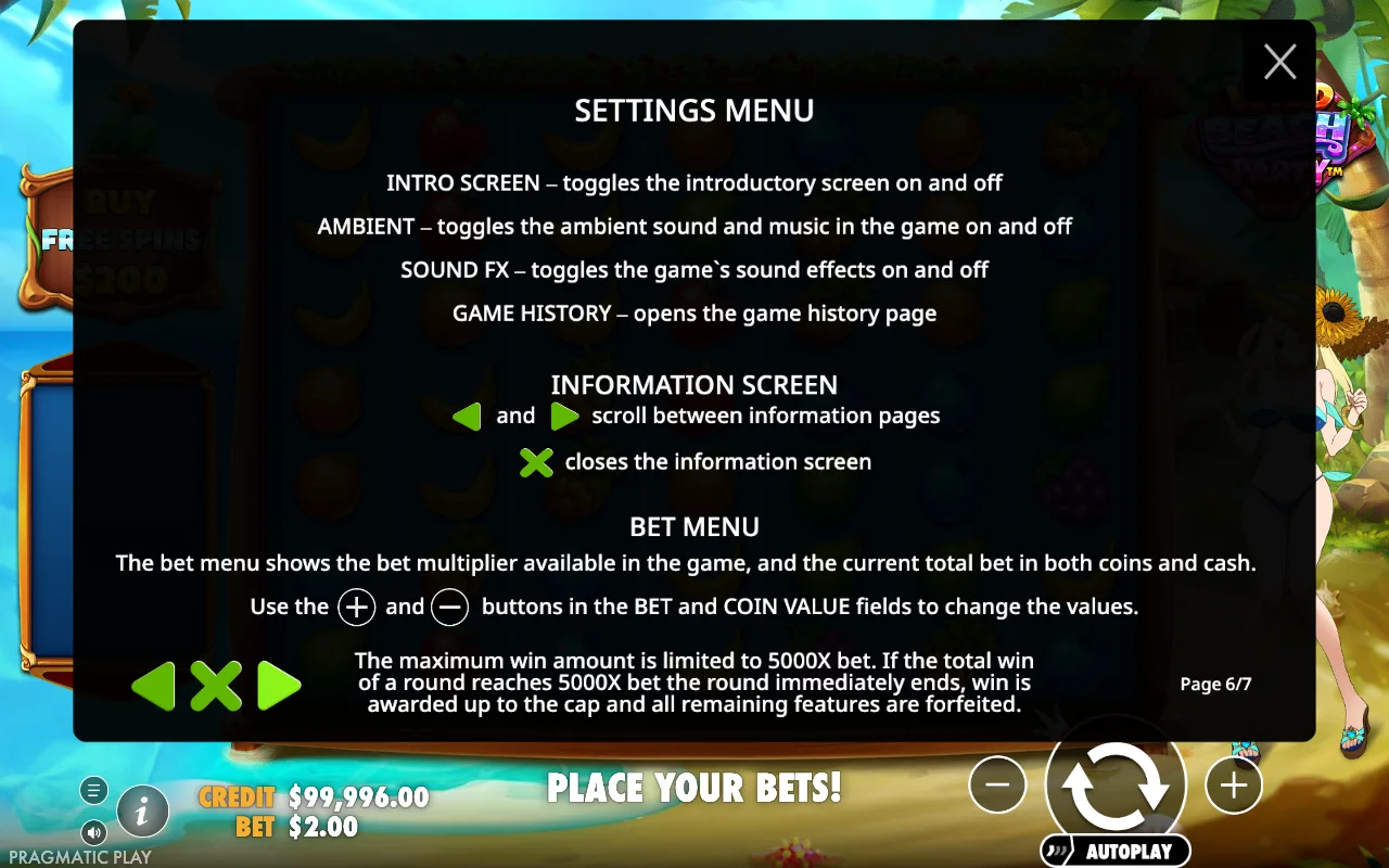 Settings menu — Wild Beach Party