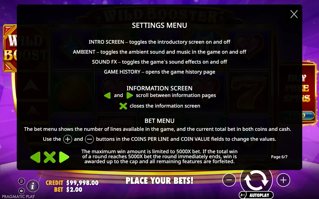Settings menu — Wild Booster