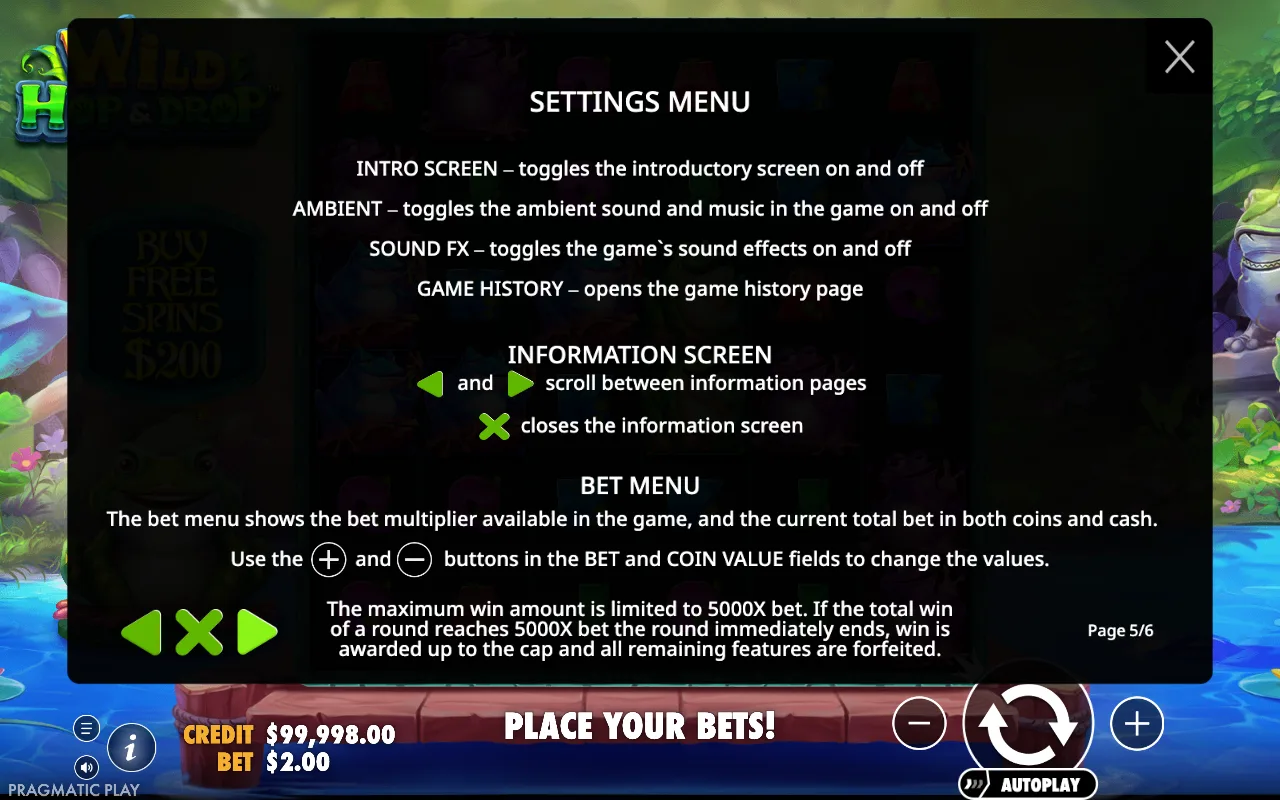 Settings menu — Wild Hopdrop