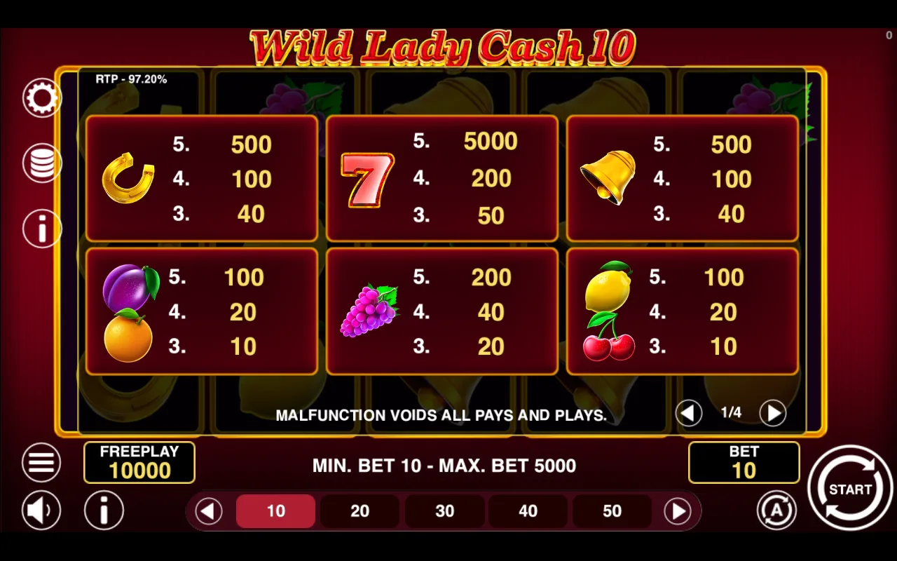 Game rules, page 1 — Wild Lady Cash 10