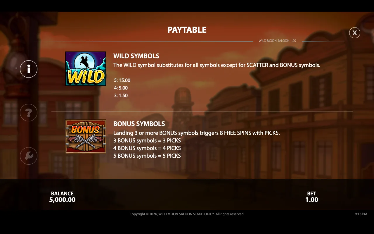 Paytable — Wild Moon Saloon