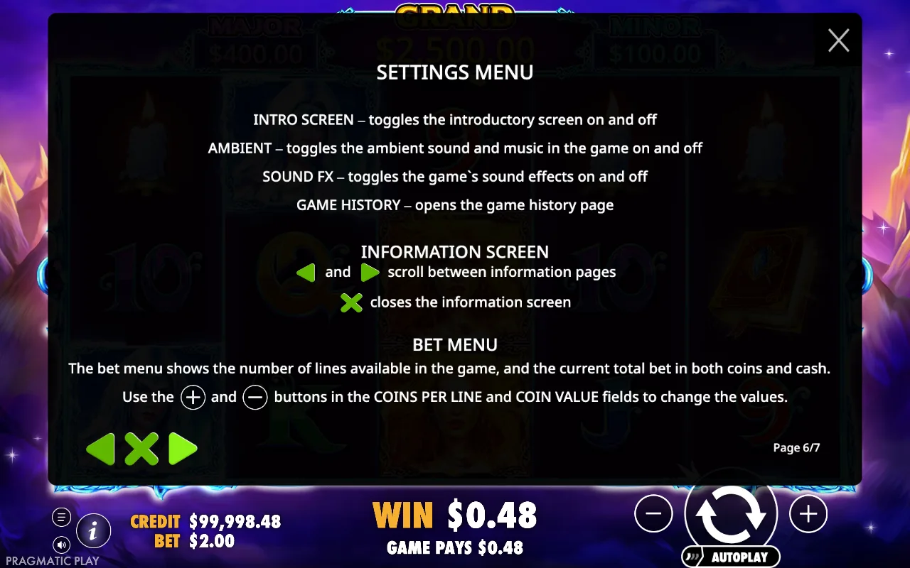 Settings menu — Wild Spells