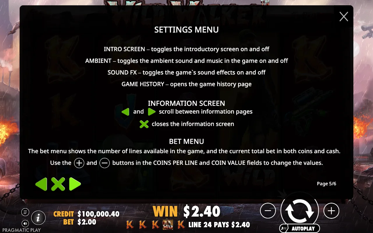 Settings menu — Wild Walker