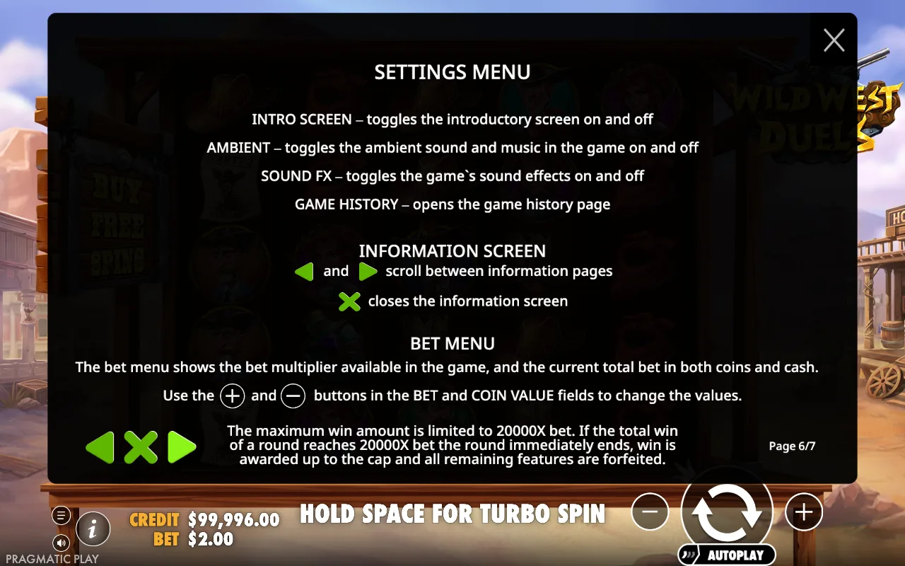 Settings menu — Wild West Duels