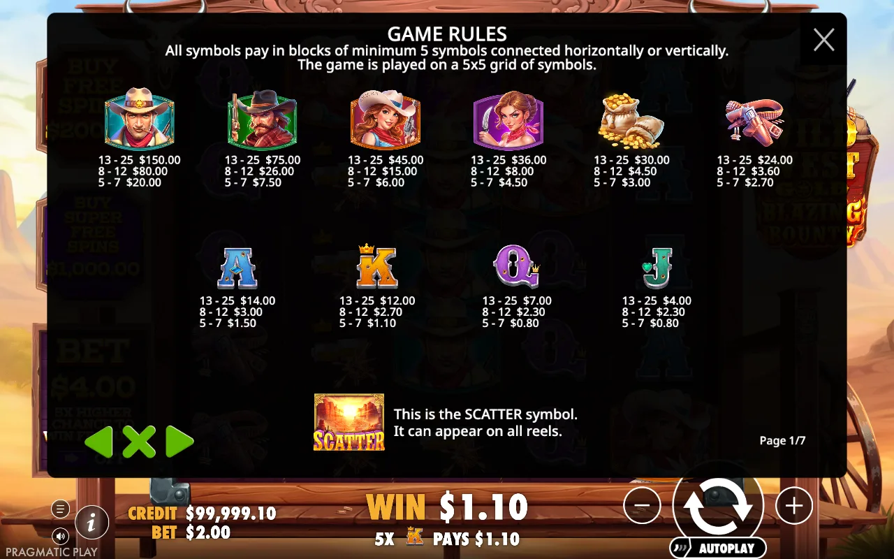 Game rules, page 1 — Wild West Gold Blazing Bounty