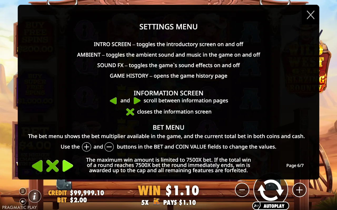 Settings menu — Wild West Gold Blazing Bounty