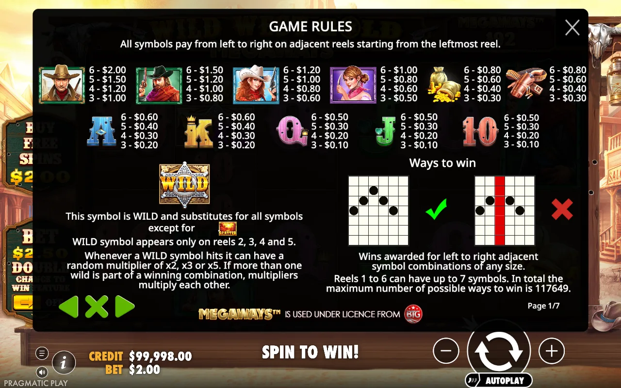 Game rules, page 1 — Wild West Gold Megaways