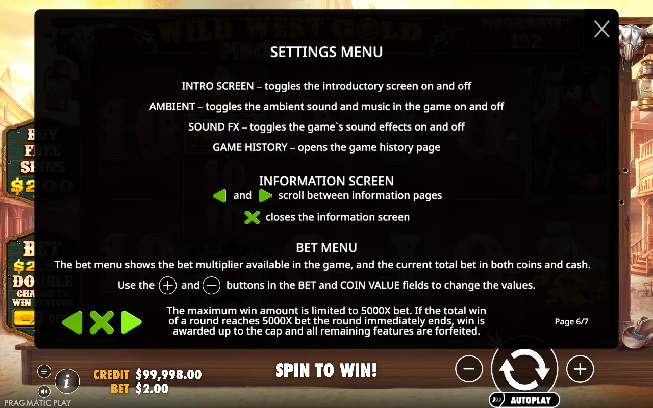 Settings menu — Wild West Gold Megaways