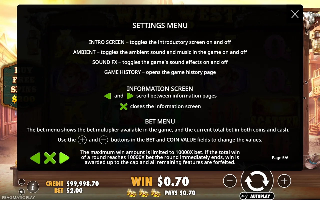 Settings menu — Wild West Gold