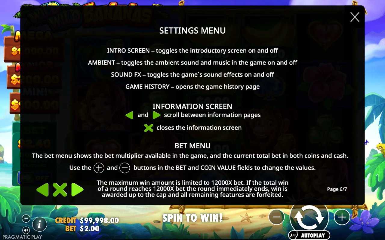 Settings menu — Wild Wild Bananas