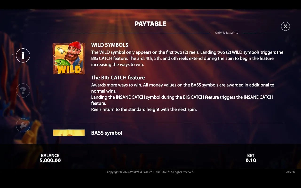 Paytable — Wild Wild Bass 2