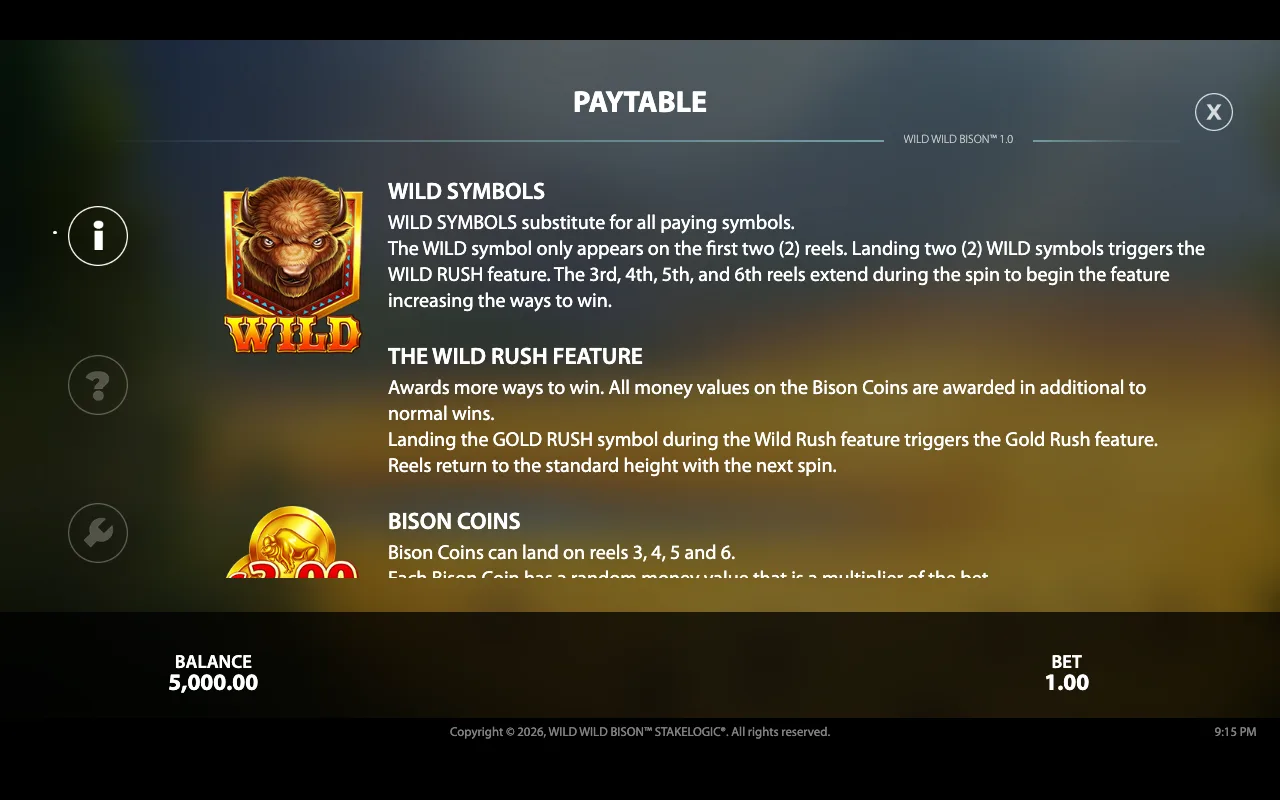 Paytable — Wild Wild Bison