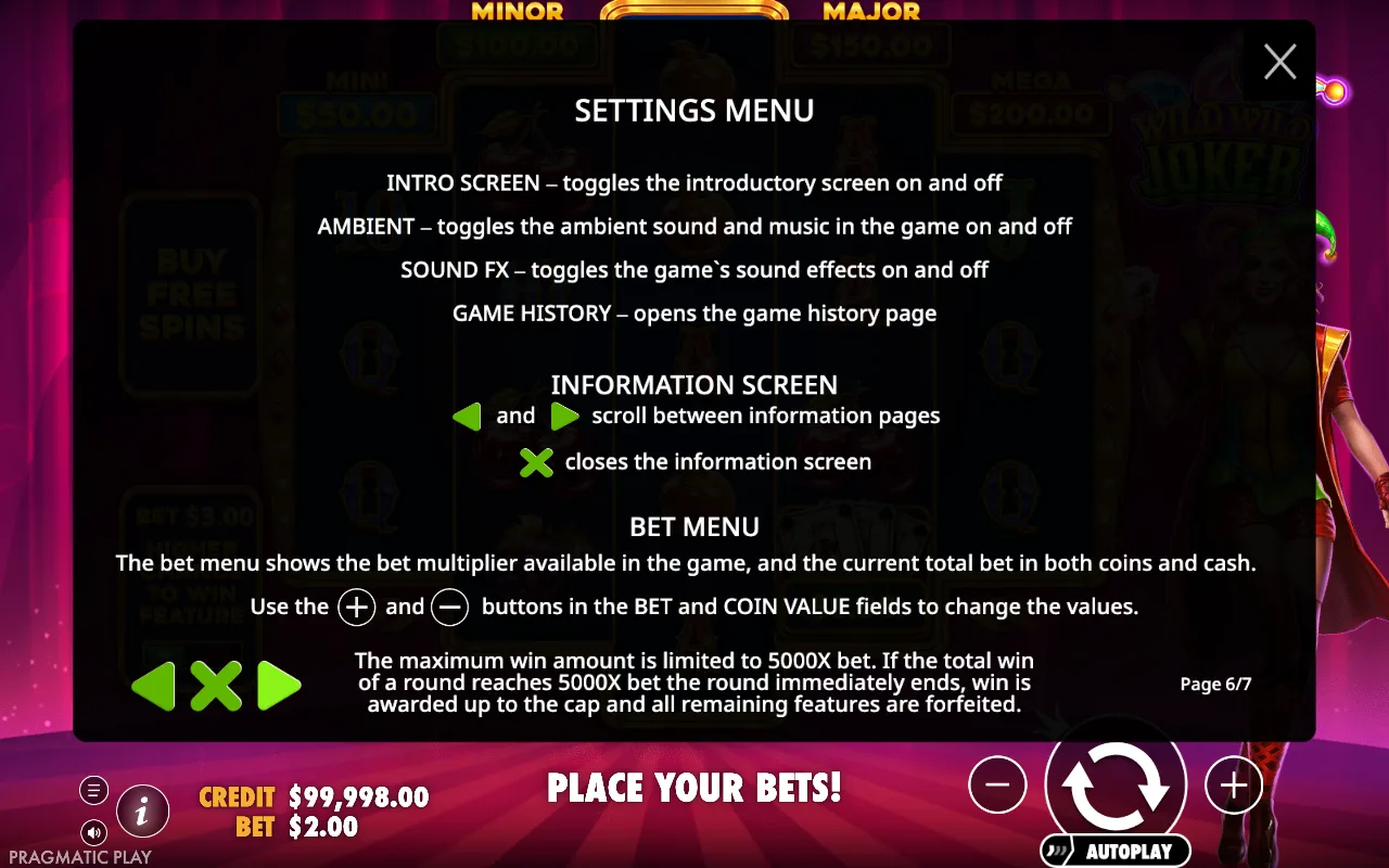 Settings menu — Wild Wild Joker