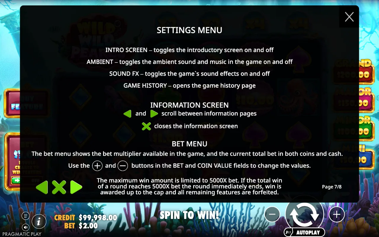 Settings menu — Wild Wild Pearls