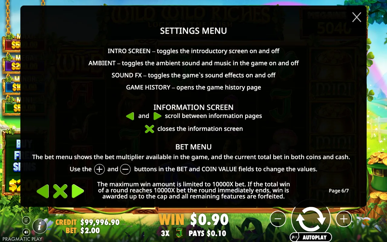 Settings menu — Wild Wild Riches Megaways