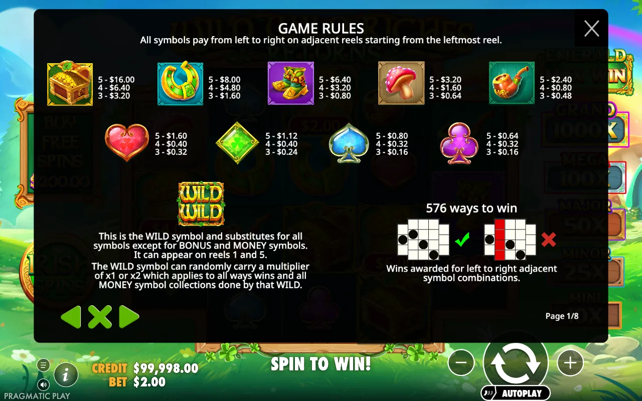 Game rules, page 1 — Wild Wild Riches Returns