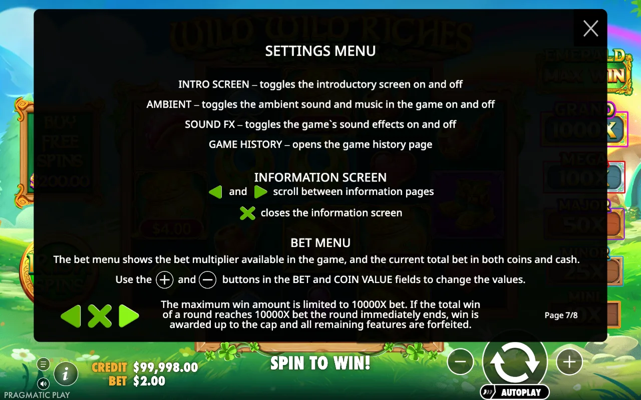 Settings menu — Wild Wild Riches Returns