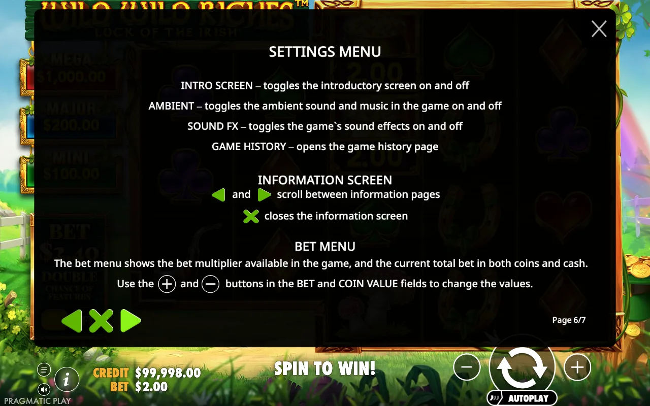 Settings menu — Wild Wild Riches