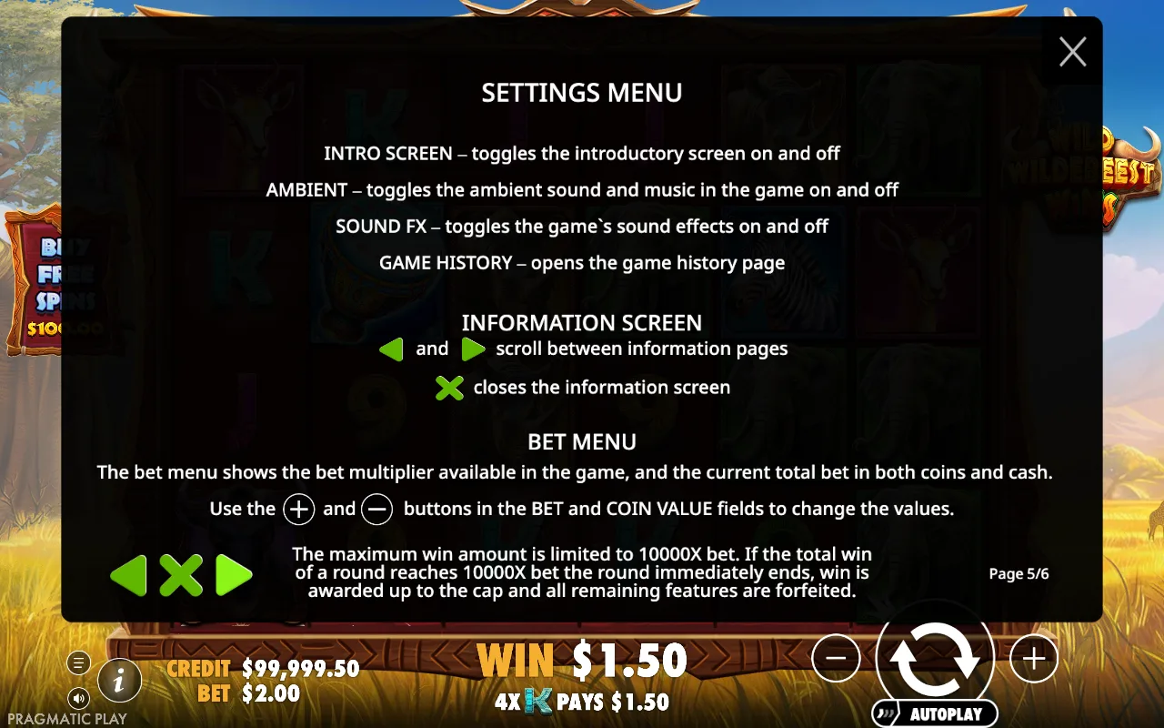 Settings menu — Wild Wildebeest Wins