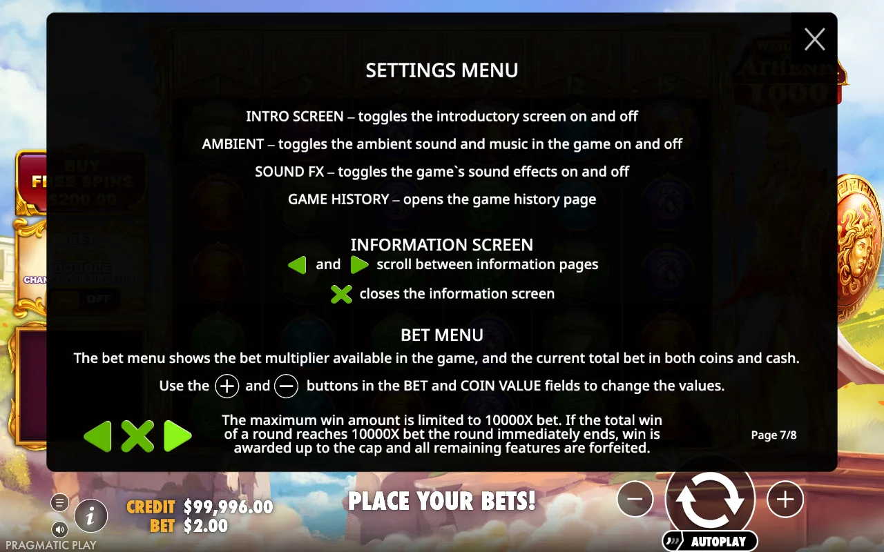 Settings menu — Wisdom of Athena 1000