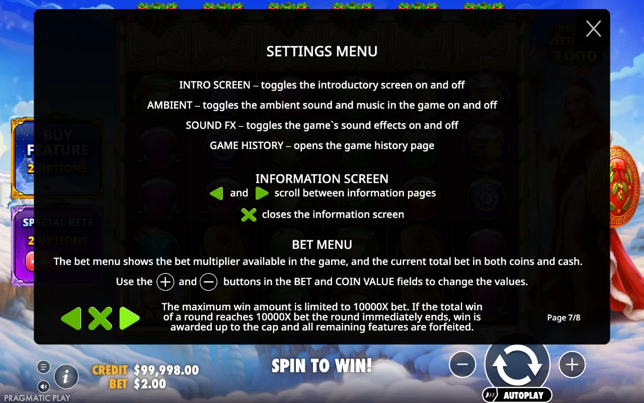 Settings menu — Wisdom of Athena 1000 Xmas