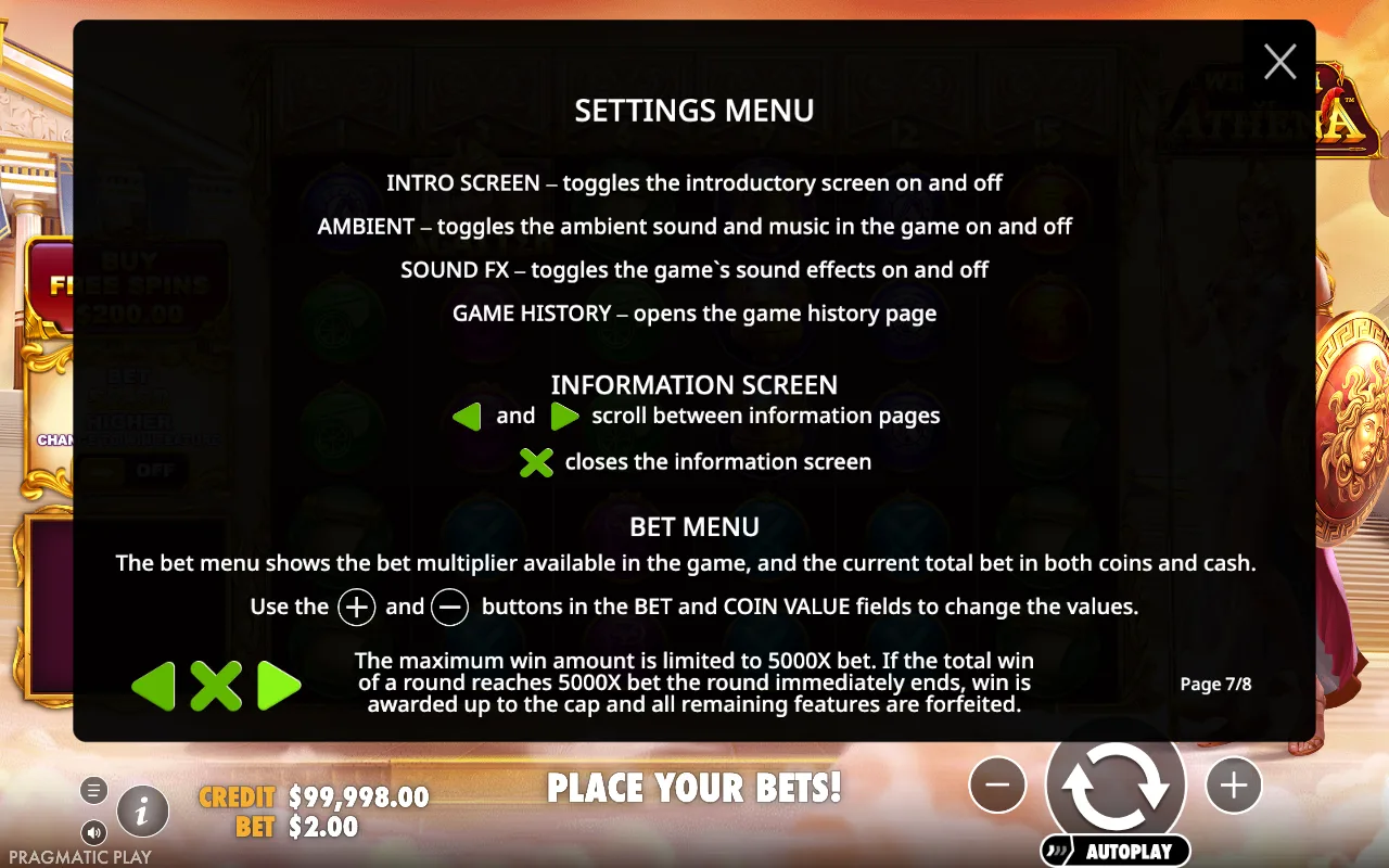 Settings menu — Wisdom of Athena