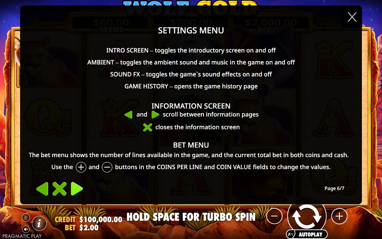 Settings menu — Wolf Gold