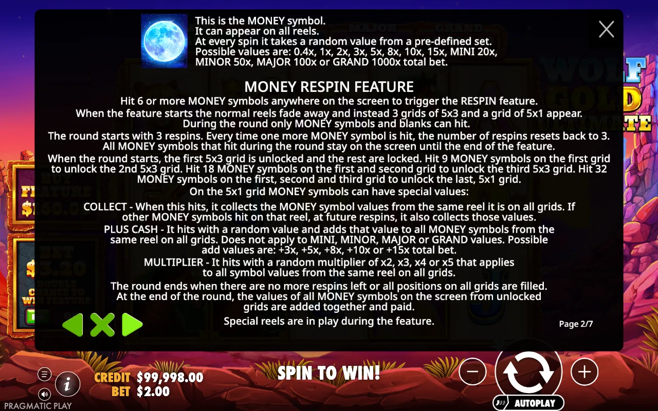 Money respin feature — Wolf Gold Ultimate