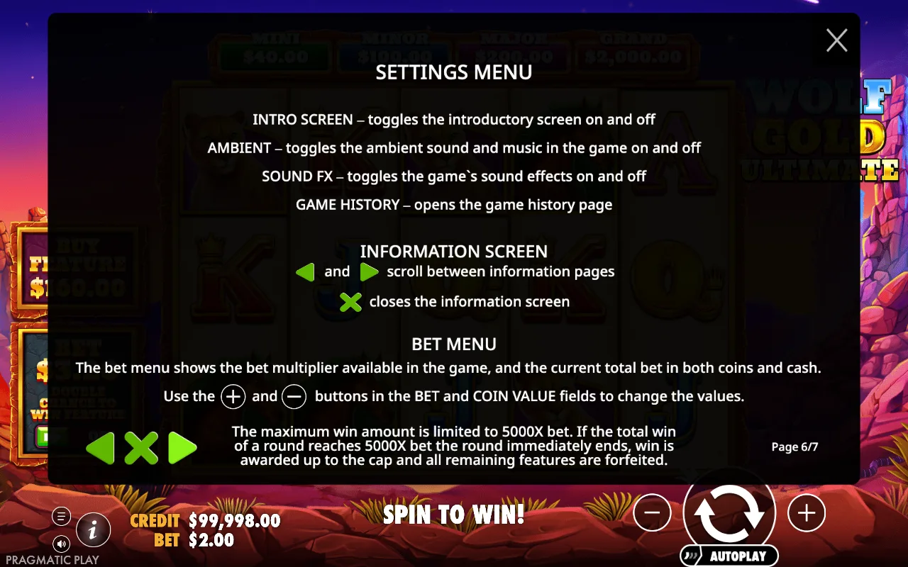 Settings menu — Wolf Gold Ultimate