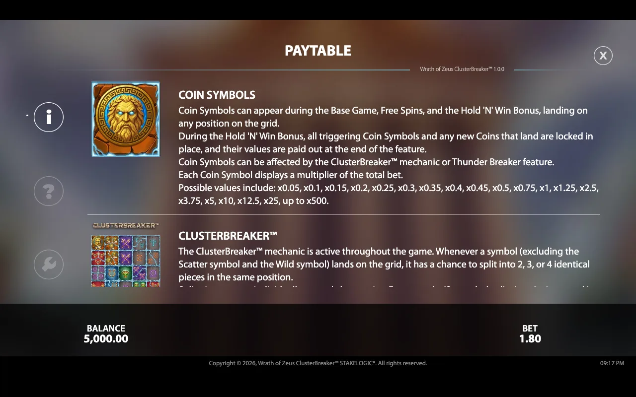 Paytable — Wrath of Zeus Clusterbreaker