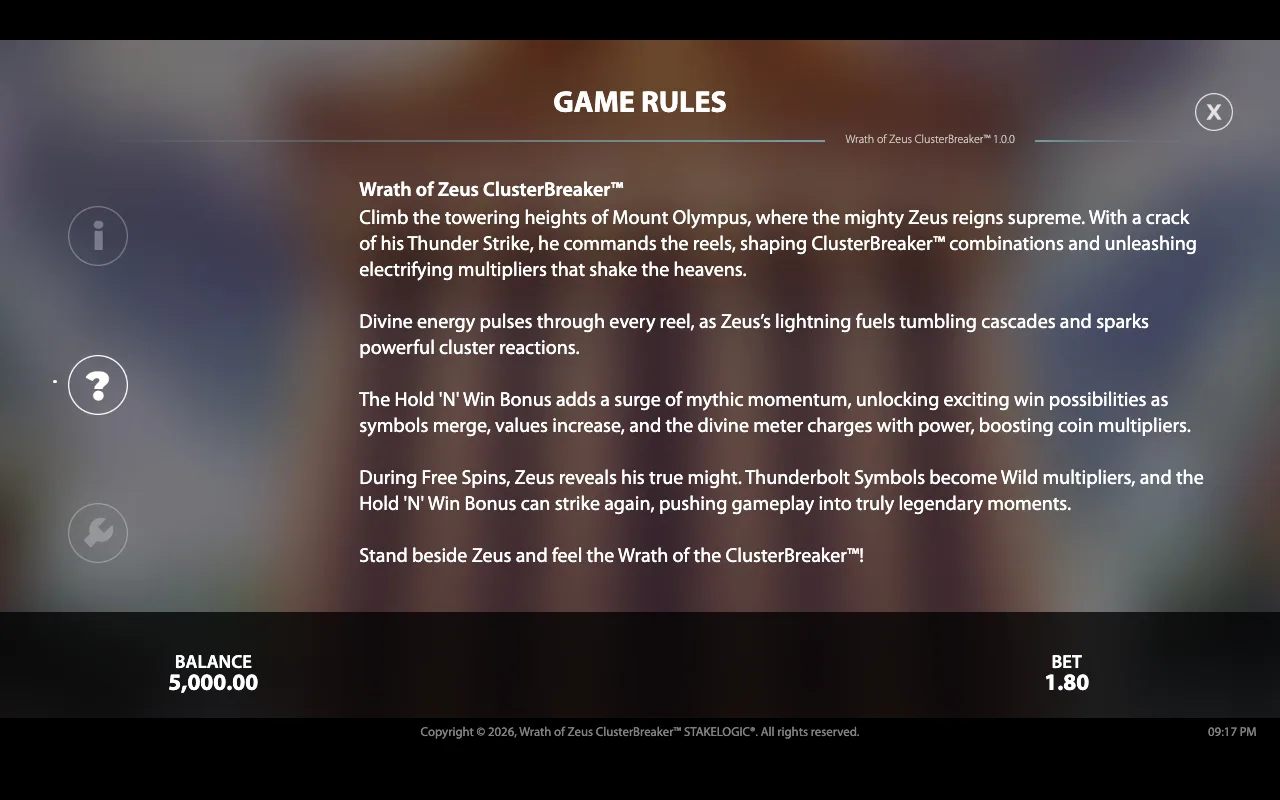 Game rules — Wrath of Zeus Clusterbreaker