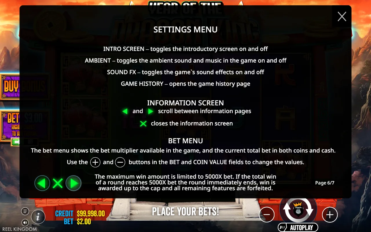 Settings menu — Year of the Dragon King