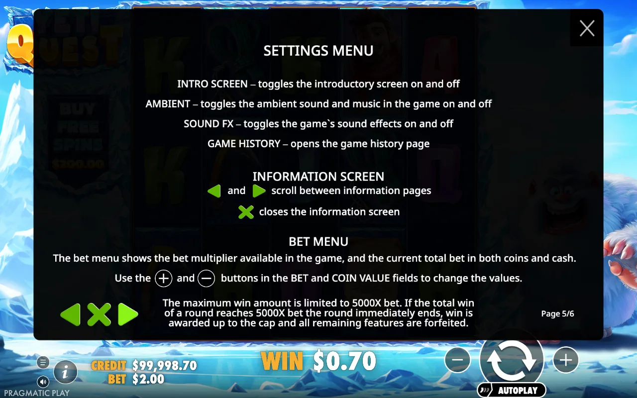 Settings menu — Yeti Quest