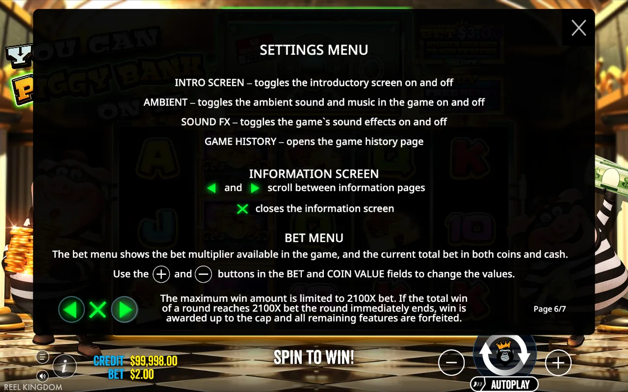 Settings menu — You Can Piggy Bank On It