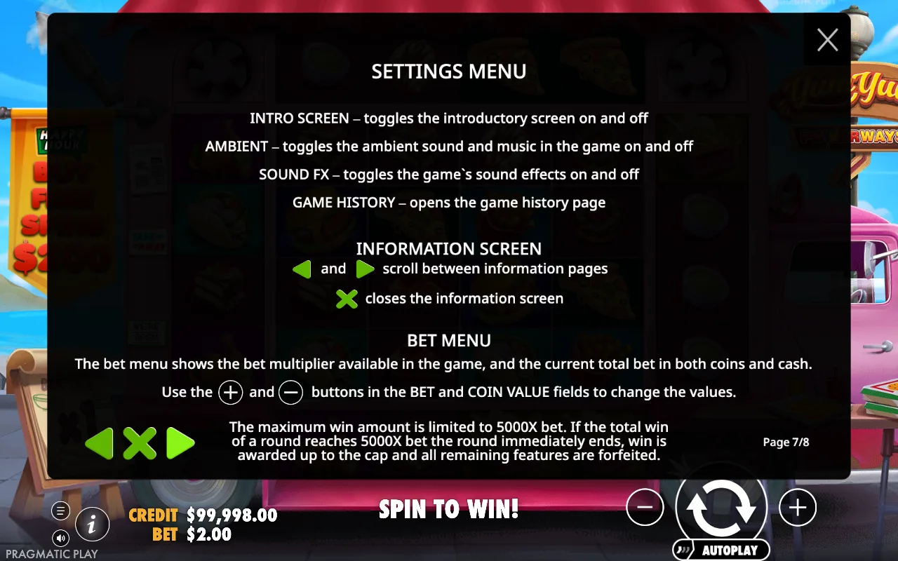Settings menu — Yum Yum Powerways