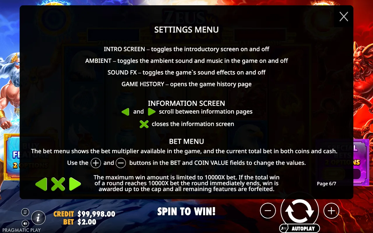 Settings menu — Zeus vs Typhon